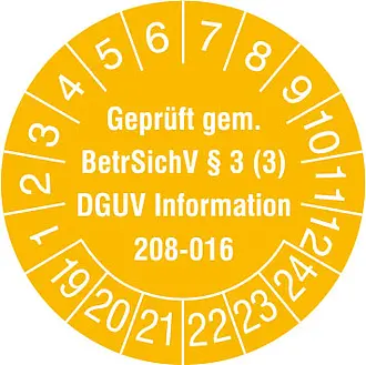 Prüfplakette - mit Jahresfarbe »Geprüft gem. BetrSichV §3 (3), DGUV Information 208-016« 