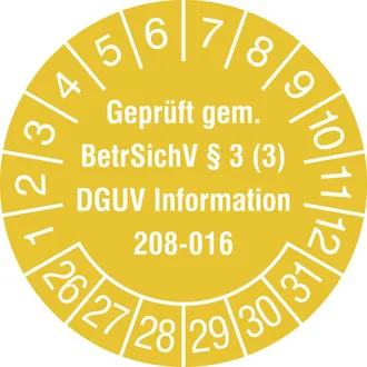 Prüfplakette - mit Jahresfarbe »Geprüft gem. BetrSichV §3 (3), DGUV Information 208-016« 
