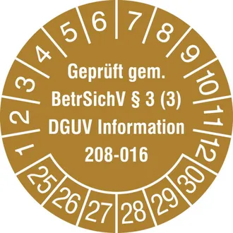 Prüfplakette - mit Jahresfarbe »Geprüft gem. BetrSichV §3 (3), DGUV Information 208-016« 