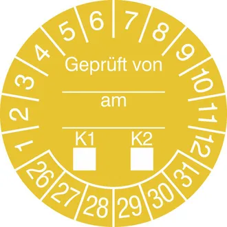 Prüfplakette - mit Jahresfarbe »Geprüft von...am...K1-K2« 