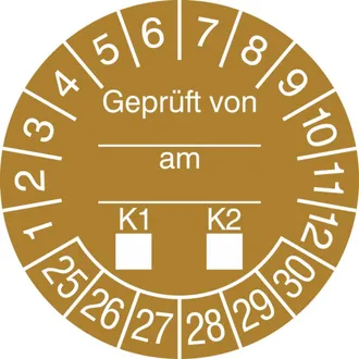 Prüfplakette - mit Jahresfarbe »Geprüft von...am...K1-K2« 