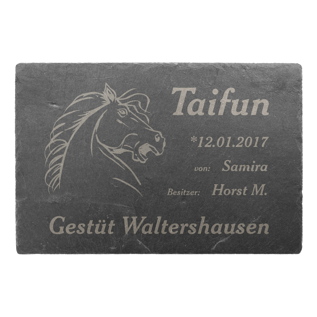 Hochwertiges Schild für Pferdebox aus Schiefer mit Lasergravur 30 x 20 cm