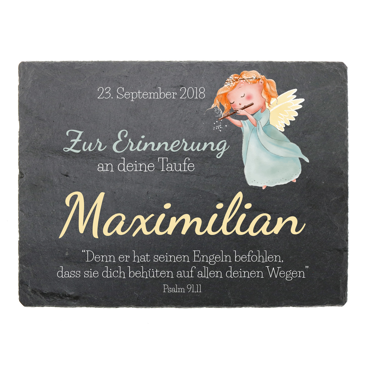 Geschenk zur Taufe aus Schiefer mit Name, Datum und Taufspruch