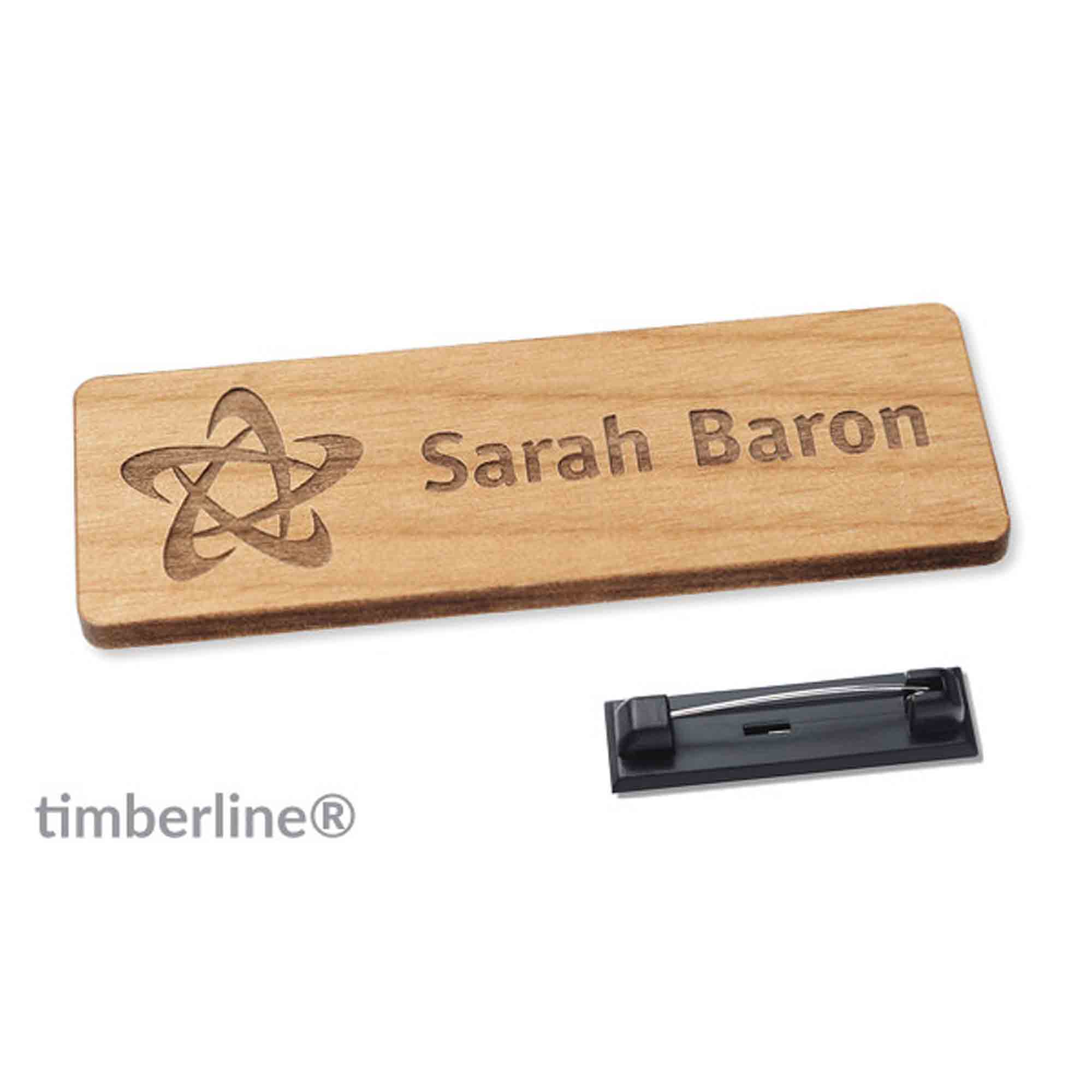 10 Namensschilder aus Holz zum Anstecken - graviert mit Ihrem Logo und Wunschtext