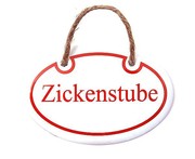 Ovales Türschild aus Emaille mit der Beschriftung Zickenstube in der Abmessung von 10, 5 cm x 7 cm. Das Schild wird in der abgebildeten Schriftart "Times Roman" geliefert. Die Lieferung ... Emaille Türschild Zickenstube - 10,5 x 7 cm