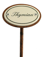 Kräuterschild Thymian - dekoratives, ovales Emailleschild für Thymian - mit cremefarbenem Hintergrund und grüner Schreibschrift - Größe: 6 x 4 cm oder 10 x 7, 5 cm - inklusive Erdspieß ... Gartenstecker aus Emaille für das Kräuterbeet - Thymian