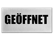 silberfarbenes Aluschild - geöffnet Schild