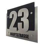 Design Hausnummer Edelstahl mit Schieferplatte