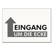 Schild Eingang um die Ecke in weiß