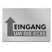 Schild Eingang um die Ecke in silbern