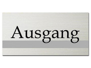 Diese Hinweisschilder in elegantem, klassischen Design wird einen bleibenden Eindruck hinterlassen. Das Schild ist aus silberfarbenem gebürsteten Aluminium und kann auf glatten Oberflächen problemlos ... Hinweisschild - Ausgang - ClassicLine - Größe: 200 x 100 mm