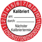 Prüfplakette »Kalibriert am: durch:​, Nächster Kalibriertermin« 