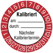 Prüfplakette »Kalibriert am: durch:​, Nächster Kalibriertermin« 