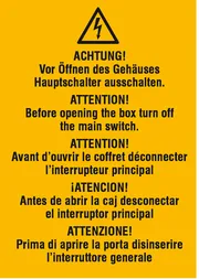 Warn-​Kombischild »Vor Öffnen des Gehäuses Hauptschalter ausschalten« 